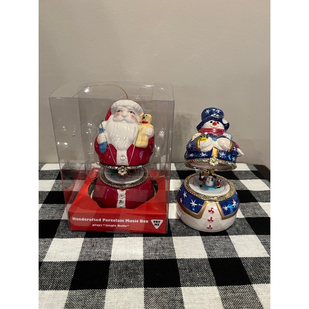 Mr Christmas Porcelain Snowman  AND  Santa Music Box Animated Carousel